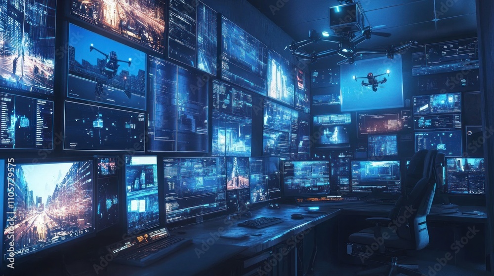 Poster futuristic control room with multiple screens displaying data and graphics in high-tech environment 