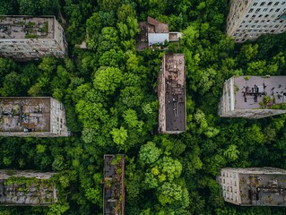 Obraz premium Aerial view of abandoned buildings reclaimed by nature. Lush green foliage envelops decaying structures, creating a striking contrast of urban decay and natural regeneration.