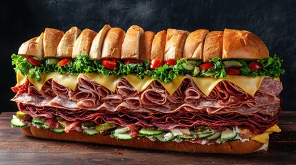 A giant sandwich filled with an array of meats, cheeses, and vegetables, ready to be sliced.