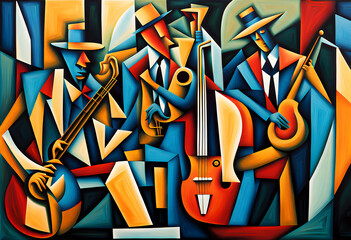 jazz themed cubist style abstract painting musicians playing musical instruments