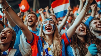 A group of excited sports fans in a stadium, cheering and waving flags with painted faces and team jerseys.