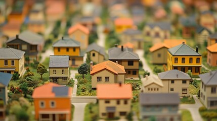 Obraz premium Miniature model of a residential neighborhood with colorful houses, streets, and landscaping.