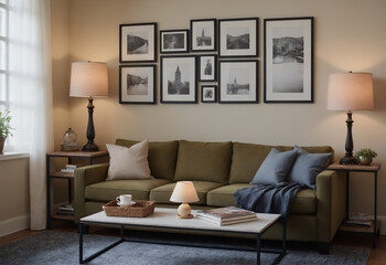 Obraz premium A modern living room with a sofa against a soft colour wall featuring vertical poster frames in wooden frame borders 3d illustration template mock-up design.