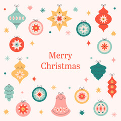 Merry Christmas greeting card with Christmas tree toys. Colorful bright Christmas balls. Winter holiday background for congratulations. Vector illustration in flat style