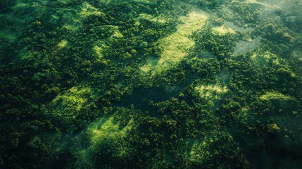 Fototapeta premium Aerial View of Lush Green Forest Landscape with Sunlight Creating Patterns on the Terrain and Vibrant Vegetation Underneath a Clear Blue Sky