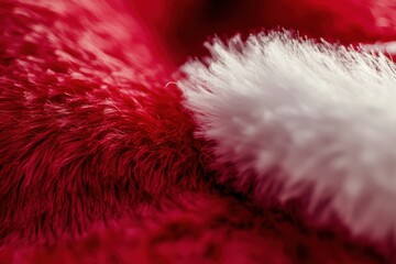 A close-up of a classic Santa Claus hat, featuring a vibrant red fabric with a soft, fluffy white trim and pom-pom.