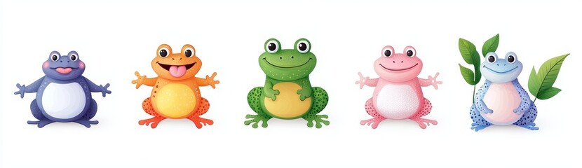 Obraz premium A charming green frog cartoon character in various poses. A contemporary illustration series showcasing a humorous toad sitting and croaking, leaping, and catching insects with its tongue. A joyful