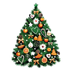A Christmas tree with many ornaments on it. The tree is green and has a lot of decorations