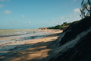 Scenic beach with sand dunes and blue sky.