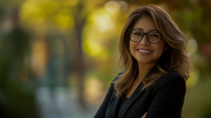 Fototapeta premium Confident Hispanic businesswoman smiling, with a soft blurred background, exuding professionalism