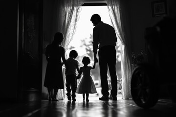 Fototapeta premium A family of four stands silhouetted in a doorway, with sunlight streaming outside, creating a peaceful and touching family moment captured in black and white.