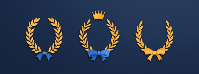 Gold laurel award icon with a modern winner medal frame. Golden champion emblem featuring a leaf, crown, and star, perfect for a 3D anniversary congratulation and best film win badge decoration