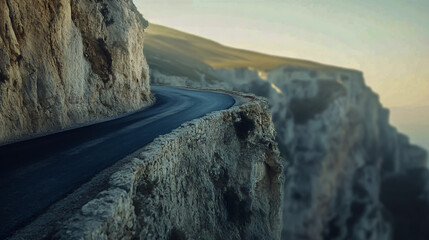 Isolated asphalt road alongside a steep cliff, dramatic landscape setting