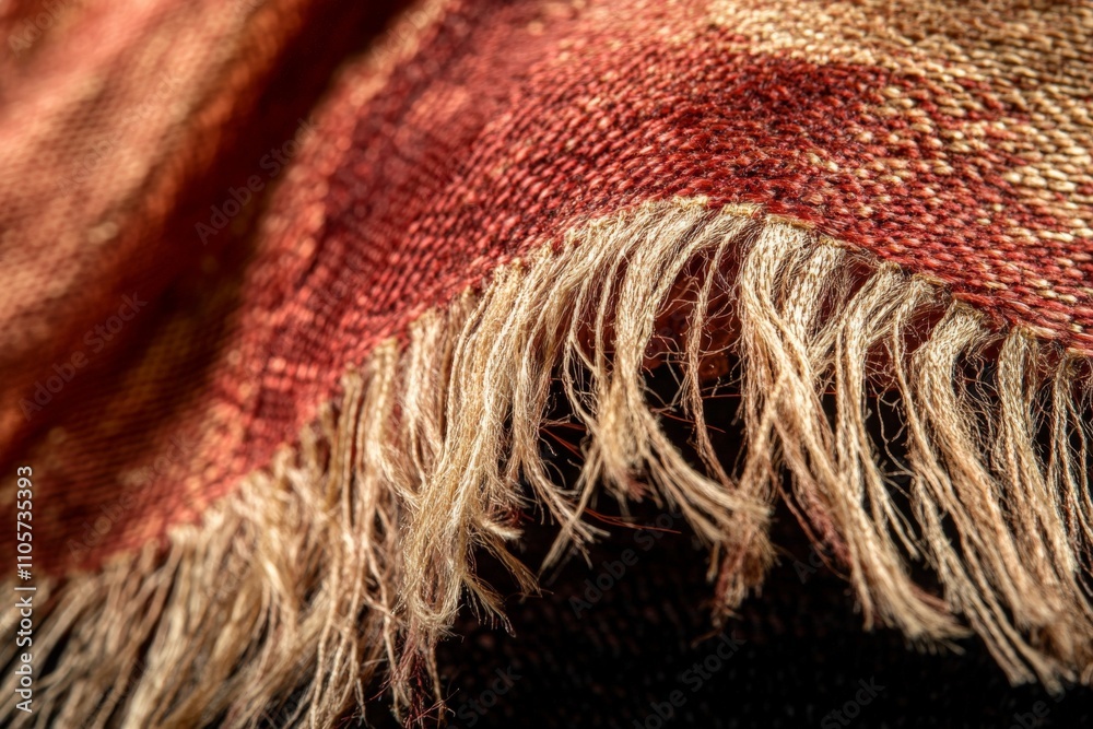 Poster an intricate close-up image showcasing a red and brown textured fabric with fringed edges, revealing