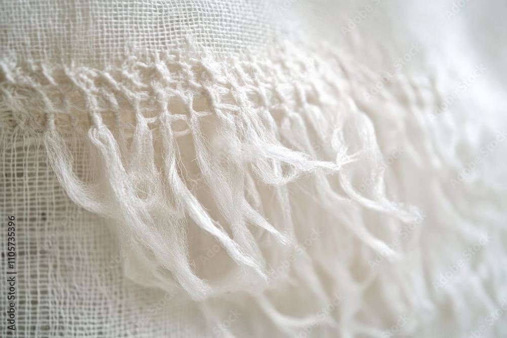 Poster a delicate and elegant white fabric with a soft fringe along the edge, presenting a minimalist aesth