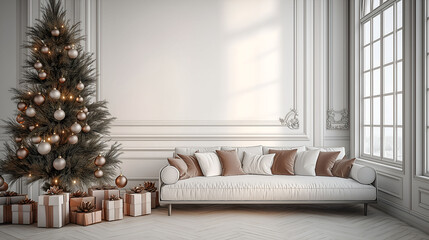 Aesthetic room interior design with Merry Christmas elements. Wall with New Year decoration in the apartment. Holiday tree in the room.