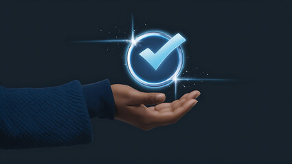 Digital Approval Concept: Hand with Glowing Checkmark and Sparkling Light Effects,business approval, achievement symbol,achievement concept art, corporate approval

