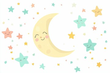 Fototapeta premium Smiling moon, pastel stars, whimsical night scene.