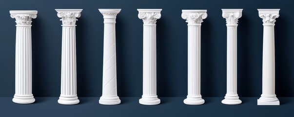 Isolated antique white pillars on a background. A modern, realistic 3D illustration of square marble columns, pedestals for product presentations, ancient palace balustrade design elements, and