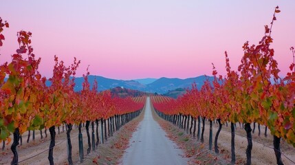 Picturesque Autumn Vineyard with Vibrant Foliage and Scenic Path