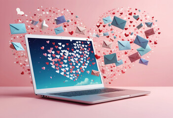 Whimsical World of Love: Laptop Screen Emitting Heart-Shaped Emails Soaring Through the Air Against a Backdrop of Swirling Hearts