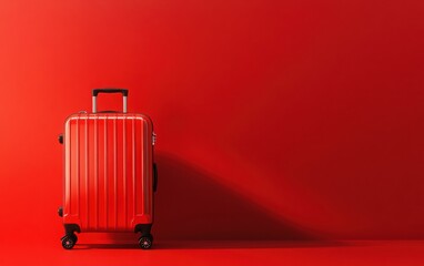 High-quality image of a back suitcase with wheels, isolated on a vivid red background. 