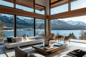 Modern Lakeside Living Room With Stunning Mountain Views