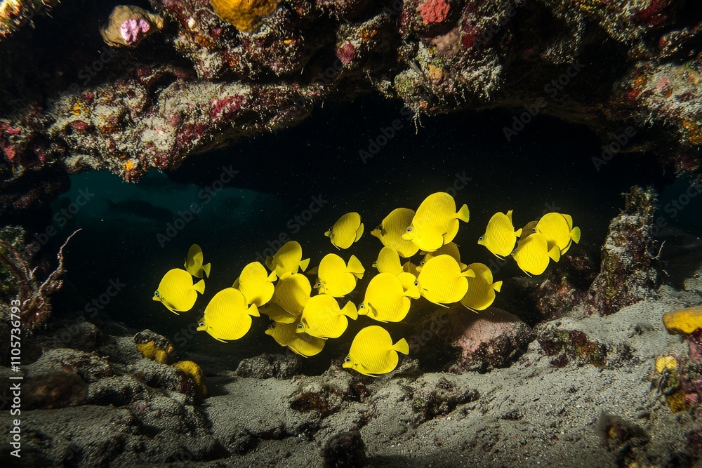 Poster this image captures a vibrant school of yellow fish as they navigate through the intricate ecosystem