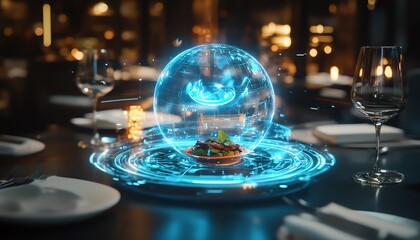 High-angle view of a futuristic restaurant, augmented reality dishes interacting with diners, vibrant holograms floating, elegance and innovation blend