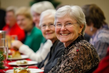 A group of elderly women gather around a dining table, smiling and enjoying a festive meal, embodying joy and togetherness in a warm setting.