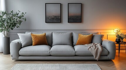 Cozy Minimalist Living Room with Sleek Gray Sofa, Soft Cushions, Warm Ambient Lighting, and Subtle Decor &ndash; A Welcoming Space Featuring a Small Table with Flowers and a Blanket