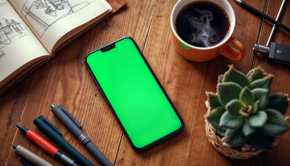 Phone with All Screen Green On, Placed on Wooden Desk with Pens on the Side, Coffee, Plants, and Open Book