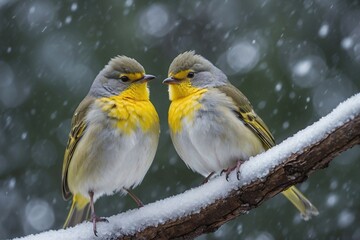 Pair of Blue Tits with Bright Yellow Breasts Sitting on a Tree Branch in Frosty Cold Weather