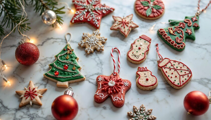 Obraz premium Christmas Cookies in the Shape of Christmas Ornaments Laying on White Marble Surface