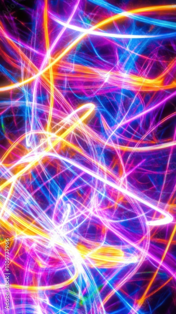 Poster vibrant abstract light trails with bright colors in motion creating dynamic patterns on a dark backg