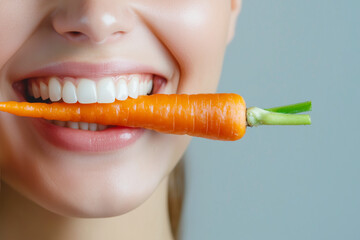 Woman with carrot in her teeth