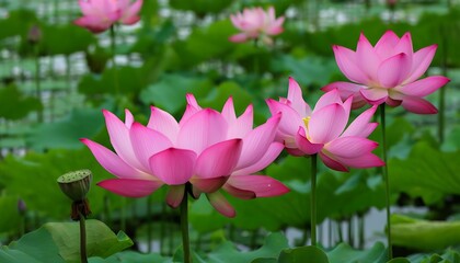 Obraz premium Blooming pink lotus flowers in a serene garden.