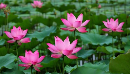 Blooming pink lotus flowers in a serene garden.