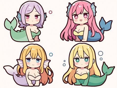 Four Cute Cartoon Mermaids