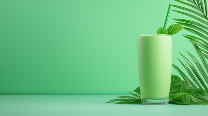 Green Leaf Water Drink in Glass on Minimal Green Background