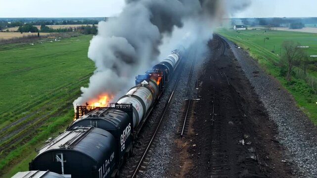 A burning train. Oil or toxic chemicals leak and ignite. Acrid smoke is released into the atmosphere. A train fire erupts, leaking toxic substances and creating a thick, hazardous cloud of smoke.