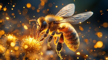 Naklejka premium Close up of Honeybee Collecting Nectar from Glowing Flower with Pollen Covered Legs and Buzzing Wings