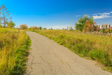 A dirt road with a city in the background