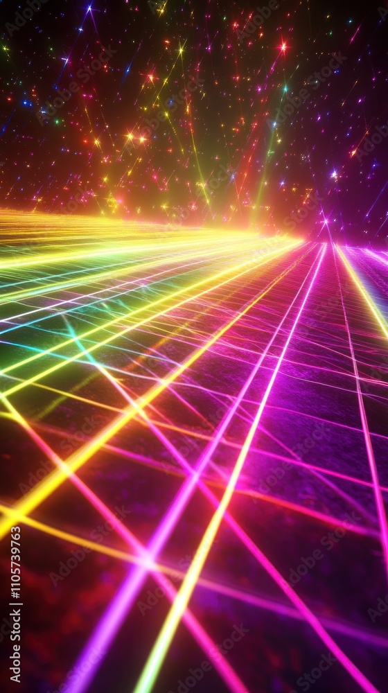 Poster vibrant multicolored laser beams intersecting in a dynamic abstract pattern creating a futuristic at