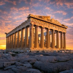 Fototapeta premium Ancient stone structure, sunset sky, rocky ground.