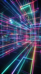 Futuristic Neon Light Grid in a Digital Space with Glowing Lines and Abstract Patterns, Ideal for Technology and Science Fiction Themes