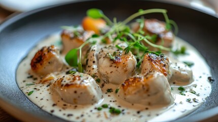 Gourmet scallop dish with creamy sauce and microgreens