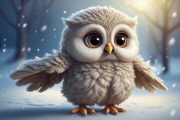 Cute Owl Chick Playing in a Snow Blanket with Enchanted Eyes and Fluffy Feathers