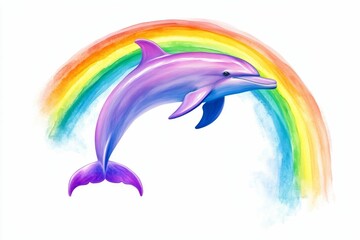 Naklejka premium Purple dolphin leaps; rainbow watercolor background.