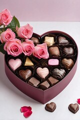 Heart-Shaped Box Filled with an Assortment of Chocolates, Adorned with a Beautiful Pink Rose